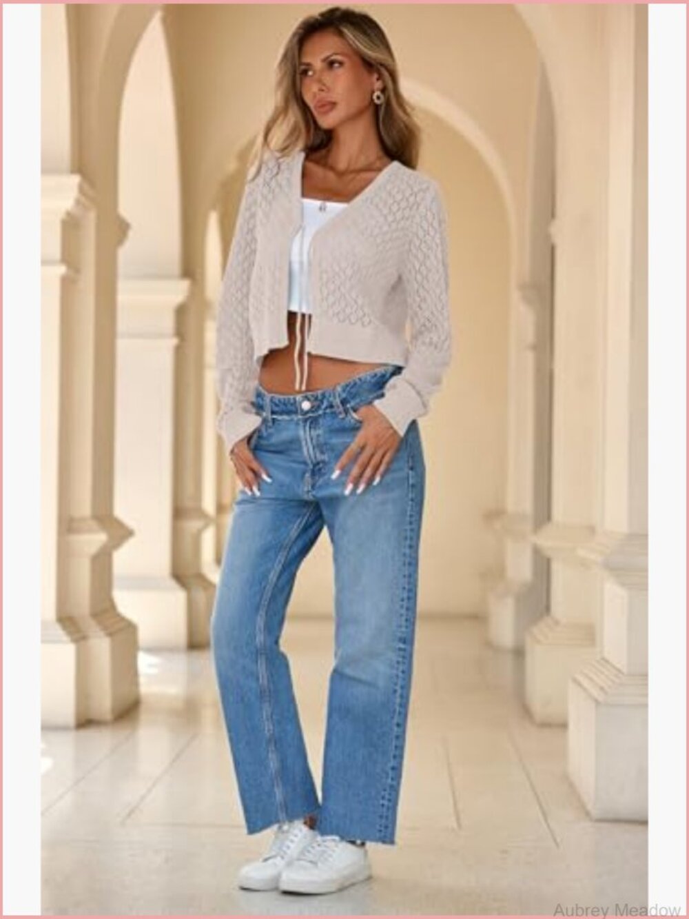 Crochet Tie Front Shrug Cardigan Long Sleeve Knit Crop Top Boho Cover Up - Picture 6 of 7